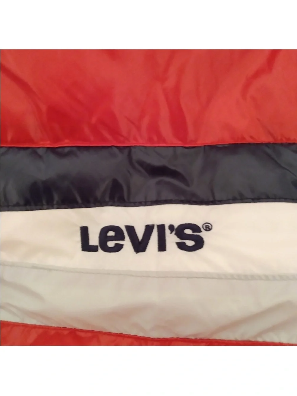 Levi's Red Hooded Puffer Jacket with Navy and White Stripes